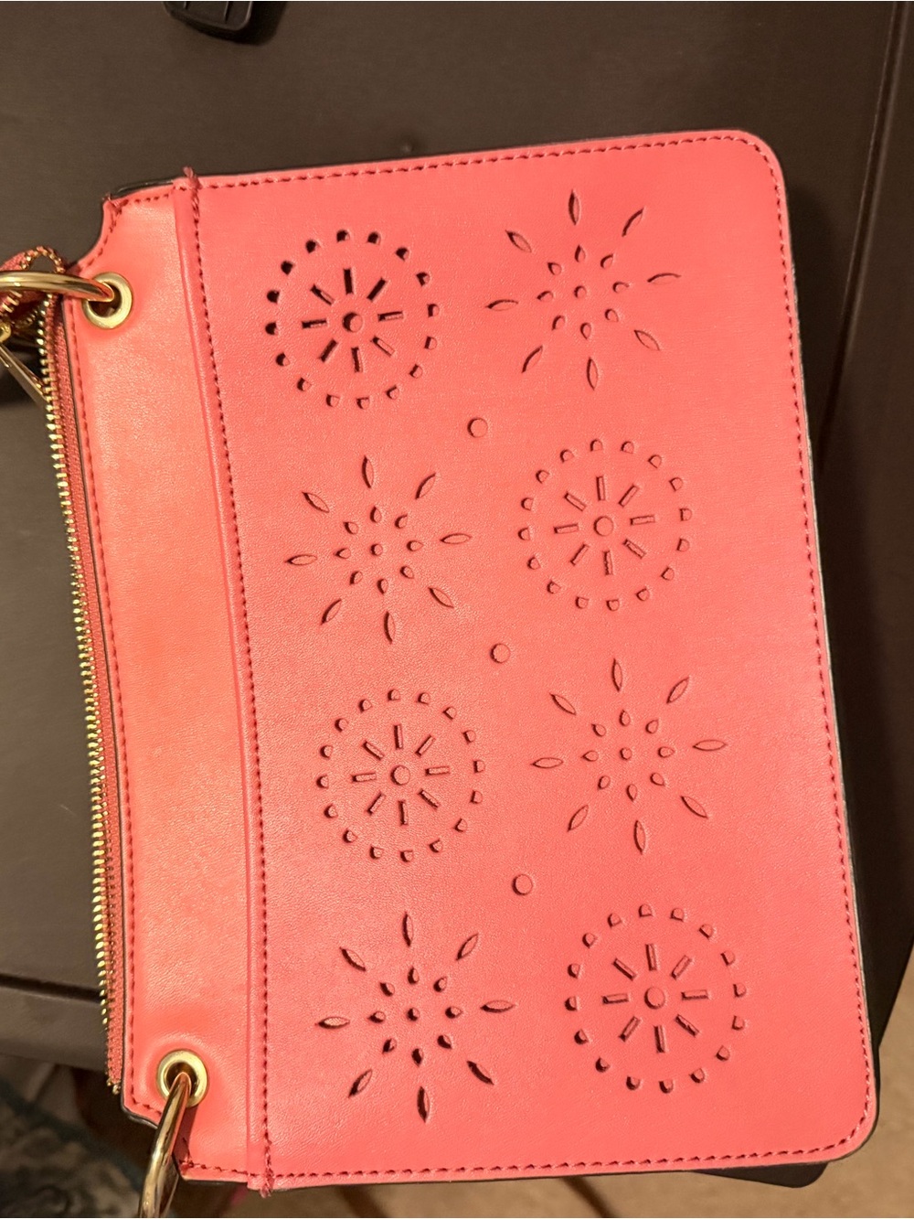 crown & ivy Coral Pink Wristlet Clutch with Laser-Cut Floral Motifs